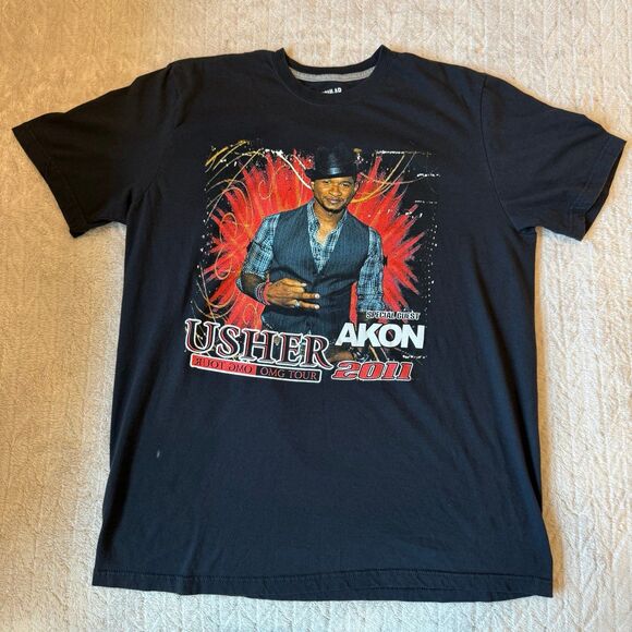 2011 Usher & Akon OMG Double Sided Concert Tour Tee XL Black - Picture 1 of 6
